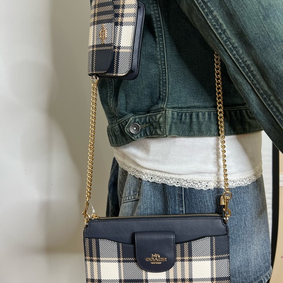 Coach Womens Crossbody Bag With Pouch Coin Bag Chain Strap Poppy Plaid Leather - Picture 5 of 15
